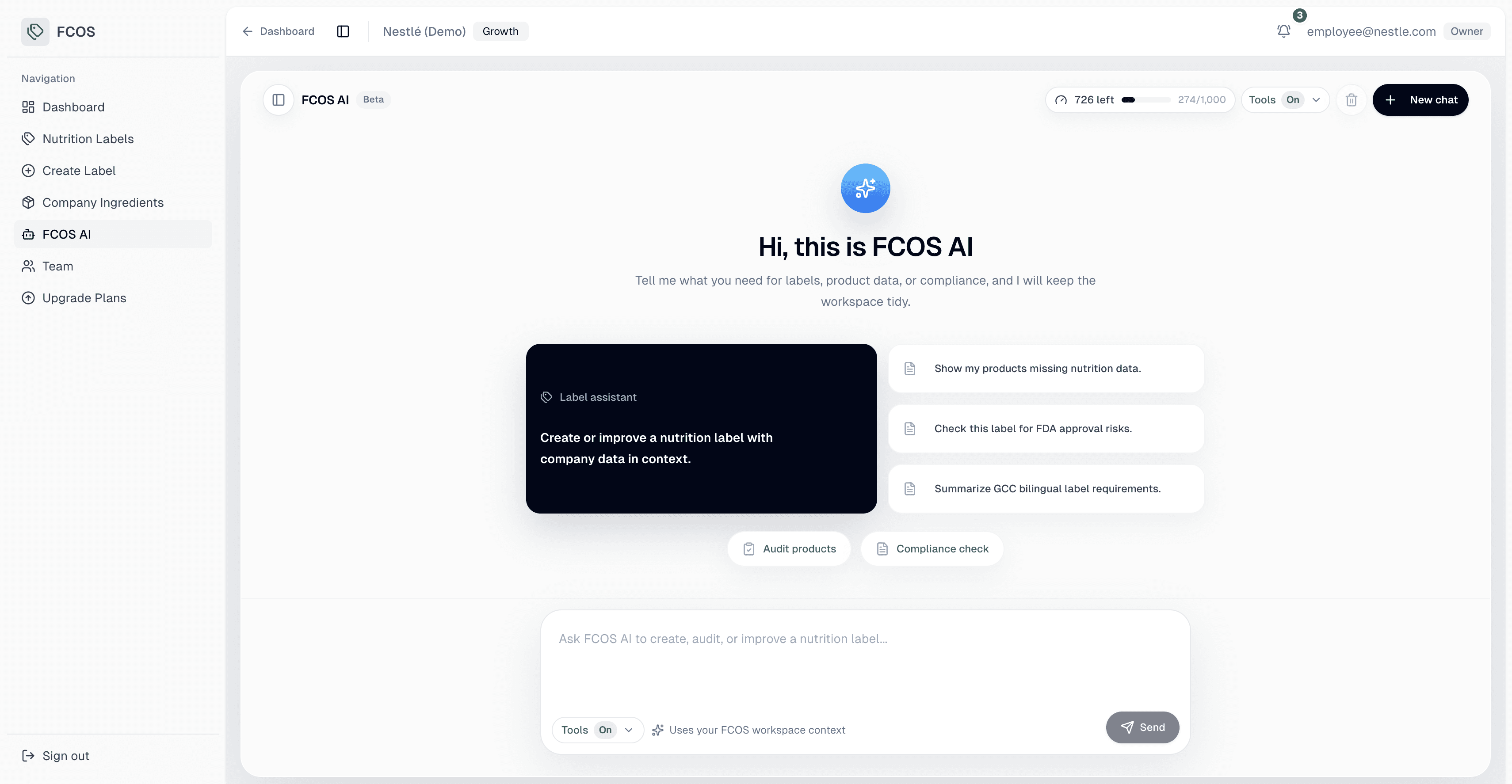 The FCOS AI workspace showing compliance prompts, label assistant tools, and chat input